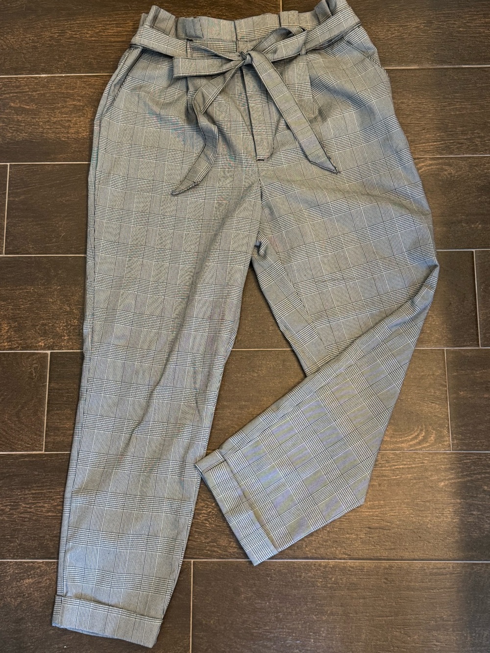 High-Rise Plaid Paperbag Waist Trousers in Gray